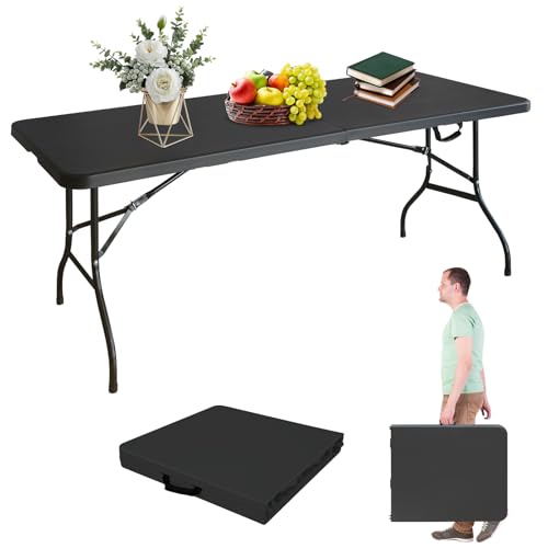Portable 6Ft Folding Table, Heavy Duty Plastic Fold-in-Half Utility Foldable Dining Table, Multi-Purpose Plastic Folding Table with Carrying Handle for Camping and Party Indoor/Outdoor (Black) - color: Black, size: 6Ft