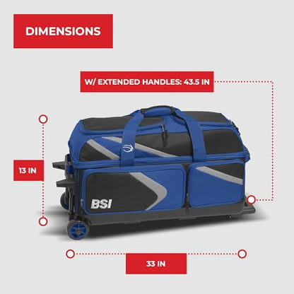 BSI Dash Roller Bowling Bag with Smooth Rolling Wheels, Padded Ball Compartment, Retractable Locking Handle, & Shoe Pocket - color: Black/Blue/Gray, style: Triple