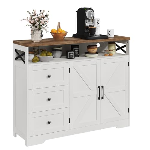 Befrases Farmhouse Buffet Cabinet with Drawers & Open Shelf, Sideboard with Storage, Kitchen Pantry Cabinet Hutch, Coffee Bar Station for Kitchen, Livingroom, 47" L White - color: Antique White