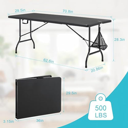 VECELO 6 ft Picini Table with Thickened Top | Removable Mesh Bag | Strong Side Support, 500lbs Weight Capacity Folding Table, Indoor & Outdoor, with Carrying Handle,Black - color: Black