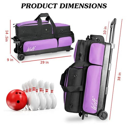 WOLT 3 Ball Bowling Bags with Wheels,Bowling Ball Bag 3 Ball Roller with Separate Shoe Compartment and Accessory Pocket, Retractable Handle Extends to 38’’ - color: Purple