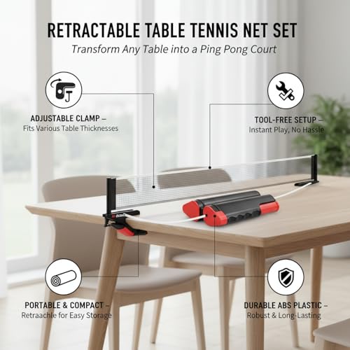 Retractable Table Tennis Net Set, Portable Clip-On Ping Pong Net for Any Flat Surface, Tool-Free Setup with Durable Plastic Construction - color: Black