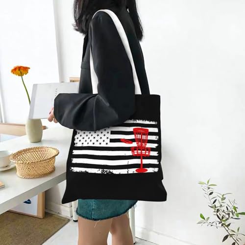 NIENIE Disc Golf Usa Flag Tote Bag for Women Shopping Bags Reusable Large Capacity Casual Shoulder Handbags DIY Gift Bags Cute Canvas Tote Bag