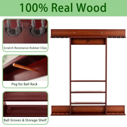 SUPERDIAMOND 8 Pool Stick Holder, Wall Mount Pool Cue Rack for Pool Table Accessories, Made of 100% Solid Wood Billiard Cue Holder Wall Mounted Display Stand for Game Room (Holds 8 Cues &Brown) - size: 8 Cues, style: SU-wa-8 Cue Racks-brown