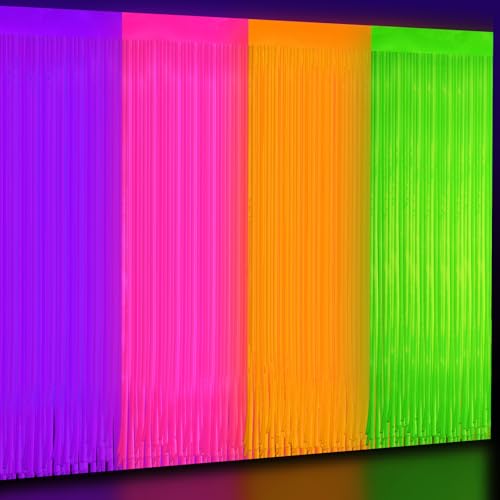 4 Pack Glow in The Dark Curtains Party Supplies 6.6 x 3.3 Ft Glow Tinsel Foil Fringe Curtains Colorful Photo Booth Prop Backdrop Streamer for Birthday Holiday Neon Party Decorations - color: Green/Orange/Pink/Purple, size: 4 Pack