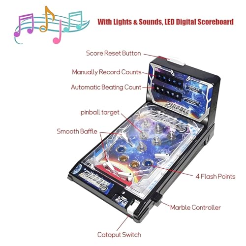 Table Top Pinball Machine, Interactive Arcade Game for Family Fun - with Lights Sounds, Electronic Desktop Ball Shooting Toy, Ideal Gift for Kids Adults Birthday Christmas