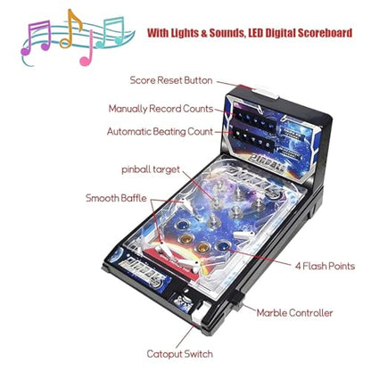 Table Top Pinball Machine, Interactive Arcade Game for Family Fun - with Lights Sounds, Electronic Desktop Ball Shooting Toy, Ideal Gift for Kids Adults Birthday Christmas