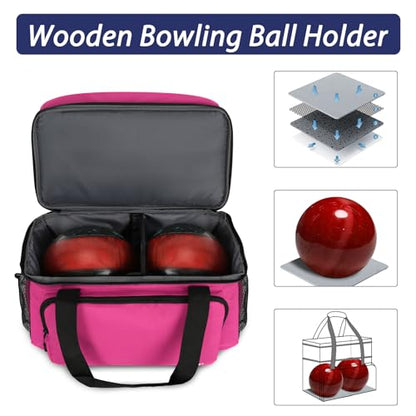 LARIPOP 2 Ball Bowling Bag Double Bowling Ball Carrier with Padded Holder, Shoe Compartment for Men Women Bowling League & Tournament - color: Rose Red