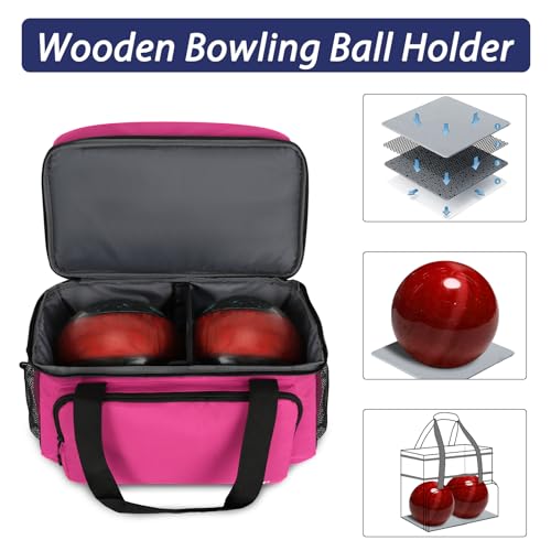 LARIPOP 2 Ball Bowling Bag Double Bowling Ball Carrier with Padded Holder, Shoe Compartment for Men Women Bowling League & Tournament - color: Rose Red