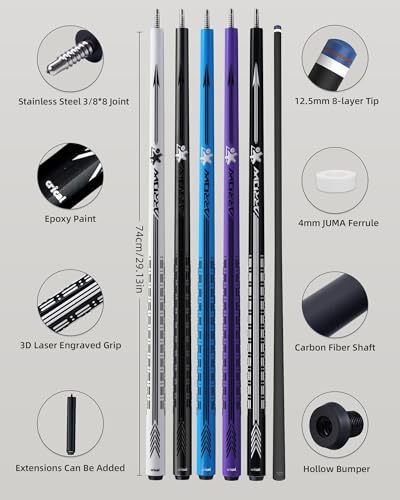 CRICAL Carbon Fiber Pool Cue Stick - 58" Low Deflection Professional Pool Cue with Pro Taper Shaft, 3D Anti-Slip Wrapless Grip, 12.5mm Tip & 3/8x8 Joint Billiard Stick for Enhanced Control & Accuracy - color: CL-PD-Set1 Black
