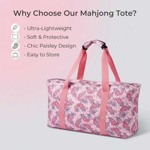 Mahjong Tote Bag for Tiles Racks & Pusher - Pink Printed Empty Mahjong Bag Set, Stylish Gift Bag for Girls’ Night & Post-Brunch Games (Case Only) - color: Pink Paisley Printed