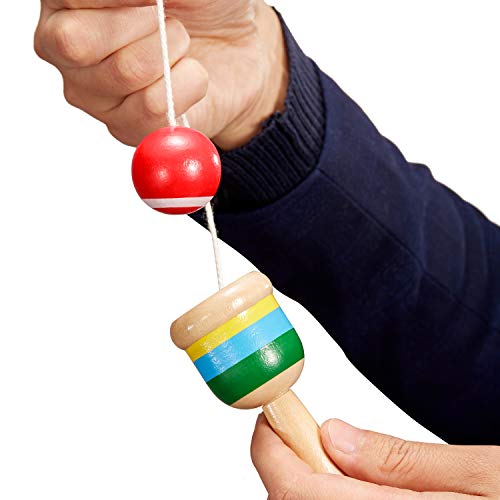 TOODOO 2-piece Wooden Catch Ball, Jacks Game with Paddle, String, Cup and Ball - Mini Wood Catch Balls for Hand-Eye Coordination