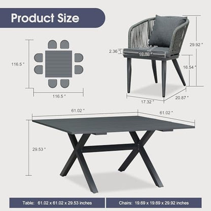 PURPLE LEAF 9 Pieces Outdoor Metal Furniture Set Patio Conversation Sets Dining Set, 1 Square Dining Table and 8 Modern Chairs with Cushions Seat Grey - color: Grey, size: 9 Pcs, style: Square