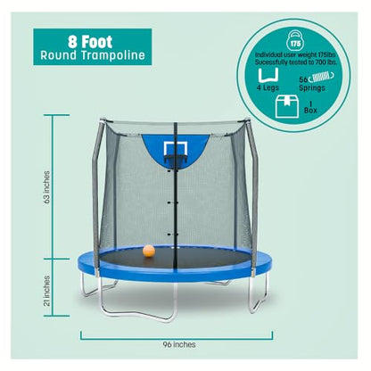 Skywalker Trampoline Outdoor 8 FT, 12 FT, 15 FT Jump N’ Dunk Round Outdoor Trampoline with Net, Trampoline Mat, and Basketball Hoop for Trampoline - color: Blue, style: 8 Foot