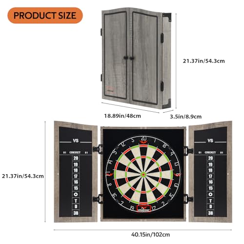 Dartboard Cabinet Set with 18" Bristle Dartboard - Self-Healing Sisal, 6 Steel Tip Darts, Scoreboard & Chalk - All-in-One Game Room Set for Home, Bar, Garage (Gray)