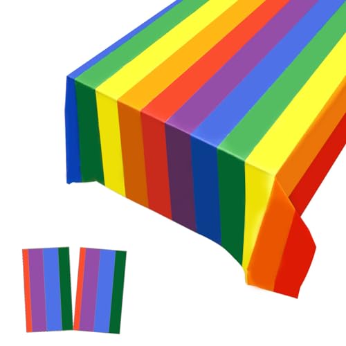 2 Pack Plastic Tablecloths - Disposable Table Covers for Christmas, BBQ, Picnic, Birthday, Wedding & Parties - Oil-proof, Thin Rainbow Table Cover - 54 x 108 In - color: Rainbow