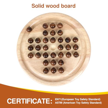 Gothink Solid Wood Solitaire Game, Classic Handcrafted 9'' Wooden Solitaire Board, 33 Smooth Wooden Balls, Single Strategic Mind Game for Kids and Adults - style: Solitaire Game