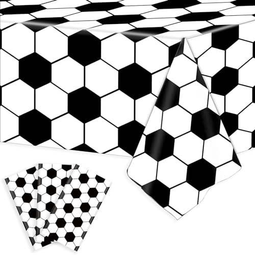 Kesfey 3 Packs Soccer Party Tablecloths 54 x 108 Inches Soccer Sports Ball Table Cover Disposable Waterproof Plastic Soccer Themed Birthday Table Cloth Rectangular Football Tablecloth for Boys Sports - color: Black and White Soccer