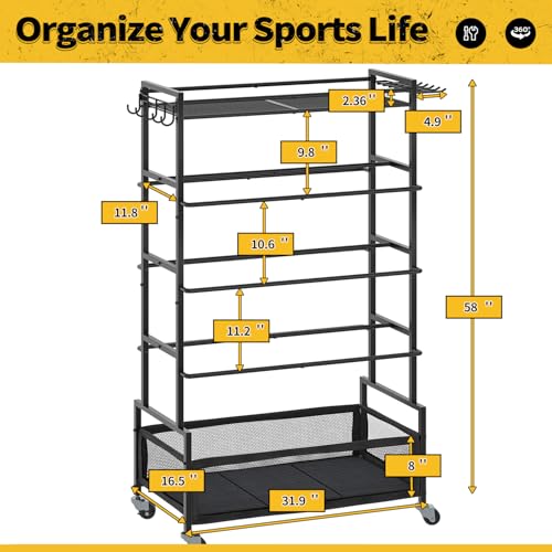 SOYEEZE Garage Sports Equipment Organizer-Large 5 Layer Ball Storage, Basketball Stand Holder, Outdoor Toy Storage, Baseball Bat Rack, Rolling Ball Cart with Hooks and Wheels for Indoor/Outdoor Use - style: 5 Tiers