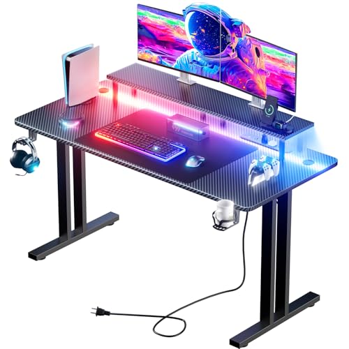 HLDIRECT 63 Inch Gaming Desk with LED Lights & Cable Management, Black | Ergonomic carbon fiber gaming computer desk with 5 sockets, monitor stand, cup holder, headphone hook & mouse pad for gamers - size: 63INCH