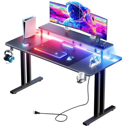 HLDIRECT 63 Inch Gaming Desk with LED Lights & Cable Management, Black | Ergonomic carbon fiber gaming computer desk with 5 sockets, monitor stand, cup holder, headphone hook & mouse pad for gamers - size: 63INCH