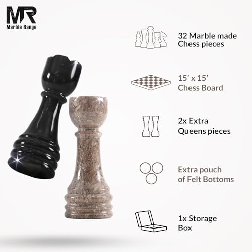 Marble Chess Set 15" Inches Oceanic and Black with Storage Box and 2 Extra Queen Handmade Luxury Board Games for Adults, Ideal Marble Chess Board Game Set & Chess Pieces - color: Oceanic & Black