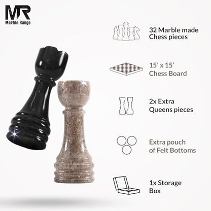Marble Chess Set 15" Inches Oceanic and Black with Storage Box and 2 Extra Queen Handmade Luxury Board Games for Adults, Ideal Marble Chess Board Game Set & Chess Pieces - color: Oceanic & Black