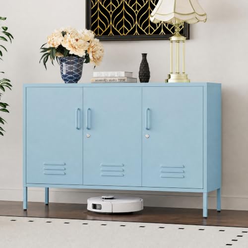 32" Blue 3 Door Lockable Metal Cabinet, Freestanding Heavy Duty Storage Locker with Adjustable Shelves for Home Office Kitchen Living Room - color: Blue, style: 32"H-Cabinet-TH