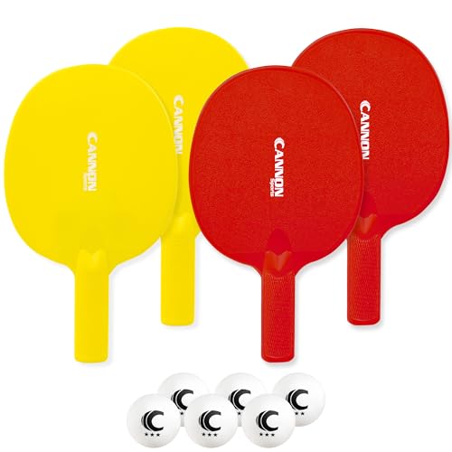 Cannon Sports Unbreakable Table Tennis Paddle Set - 4 Rackets with 6 Pack of 3-Star Table Tennis Balls – Portable Set for 4 Players - color: 2 Yellow + 2 Red Paddles + 6 White Balls