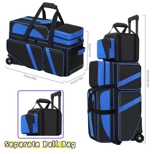 4 Ball Bowling Bags with Wheels, Bowling Ball Bag with Multi-Pockets,4 Ball Bowling Bag with Secure Buckle Fixed Ball Cup & Shoe Compartment,3 Ball Bowling Bag+1 Ball Color Matching Add On Tote - color: blue 3+1