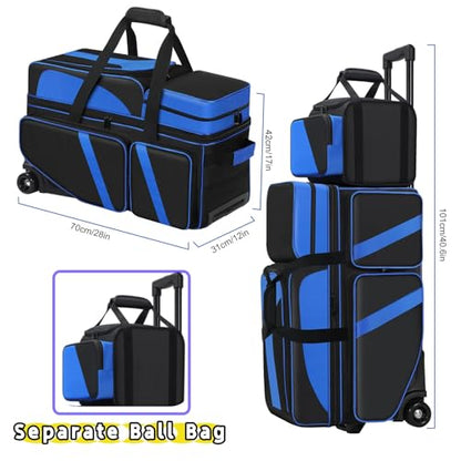 4 Ball Bowling Bags with Wheels, Bowling Ball Bag with Multi-Pockets,4 Ball Bowling Bag with Secure Buckle Fixed Ball Cup & Shoe Compartment,3 Ball Bowling Bag+1 Ball Color Matching Add On Tote - color: blue 3+1