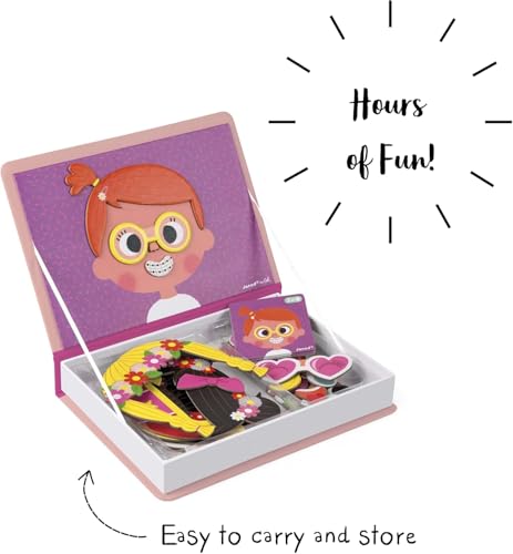 Janod MagnetiBook 66 pc Magnetic Girl Crazy Face Dress Up Game - Ages 3+ - Creative Play - Enhances Creativity and Learning - Includes 55 Magnetic Pieces and 10 Cards - style: Girl Crazy Faces Dress Up
