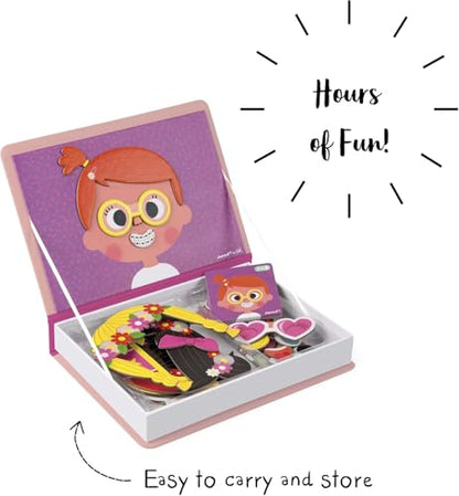 Janod MagnetiBook 66 pc Magnetic Girl Crazy Face Dress Up Game - Ages 3+ - Creative Play - Enhances Creativity and Learning - Includes 55 Magnetic Pieces and 10 Cards - style: Girl Crazy Faces Dress Up
