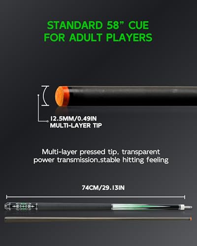 KONLLEN Carbon Fiber Pool Cue Stick 58-inch Professional Pool Sticks for Adults Full Carbon Technology Low Deflection Pool Cue Billiard Cues with 12.5mm Tip (Easy to Control, Pro Taper, Ultra-Smooth) - color: 014 green