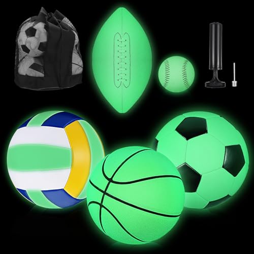 Sratte 5 Pcs Glow in The Dark Sport Ball Set for Kid Teen Official Size Football Basketball Soccer Ball Volleyball Baseball with Carry Bag and Pump Back to School Gift