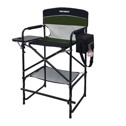 Tall Folding Director Chair 30.7" Seat Height Foldable Bar Stool for Makeup Artist Face Painting with Side Table Carry Bag and Cosmetic Bag Supports 250LBS - color: Olive