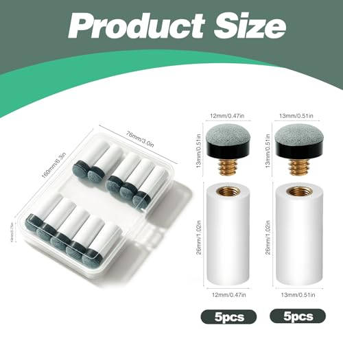 10 Sets Pool Cue Tips Replacement Kit with White Billiard Cue Sleeves and Replacement Cue Tips,Screw on Pool Stick Tips for 12mm/13mm Cues, 5 Pieces Each, No Need Glue or Clamp