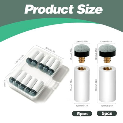 10 Sets Pool Cue Tips Replacement Kit with White Billiard Cue Sleeves and Replacement Cue Tips,Screw on Pool Stick Tips for 12mm/13mm Cues, 5 Pieces Each, No Need Glue or Clamp
