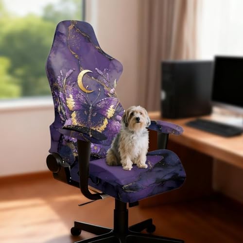 Suobstales Butterfly Moon Lavender Marble Pattern Gaming Chair Cover Stretch Computer Office Chair Cover for Armchair, Swivel Chairs, Computer Boss Chair, Removable Chair Slipcovers with Armrest Cover - color: Butterfly Moon Lavender Marble