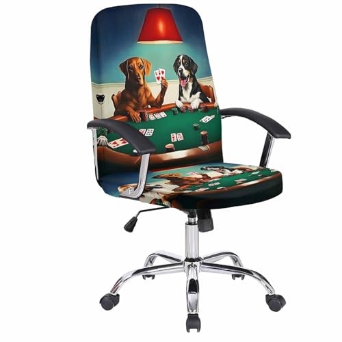 Abstract Animal Office Chair Cover, Dog in The Room Playing Poker Games Universal Stretch Desk Rotating Chair Slipcovers, Removable Seat Protector with Zipper, L - color: Dark Green Brown, size: Large