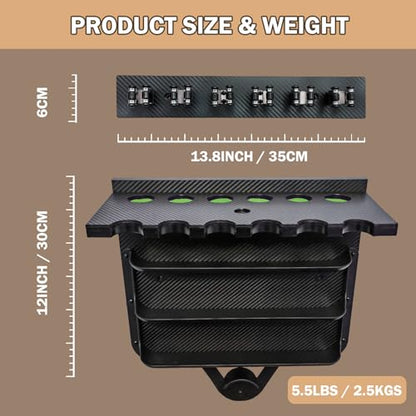 Pool Stick Holder Wall Mount | 6 Cue Rack with Ball Holder & Cue Rest | Engineering Polypropylene Board with Carbon Fiber Veneer | pool cue holder for Game Room & Pool Table Accessories