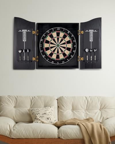 Sisal Dart Board Cabinet Sets, Decorative Dart Boards for Adults [6*Steel Darts] - Wooden Dartboard Cabinet with Integrated Scoreboard for Family Game Rooms - style: BLACK