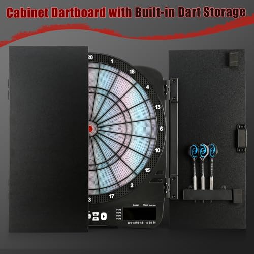 Electronic Dart Board Cabinet Set, Illuminated Target Dartboard for Adults, 48 Games with 315 Variations Soft Tip Digital Dartboard Cabinets with 6 Darts, 100PCS Soft Tips
