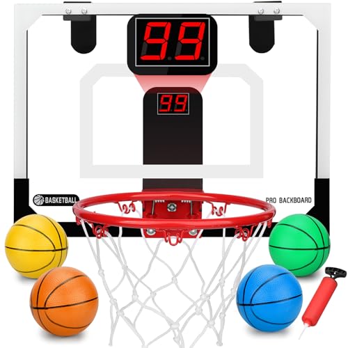 Larger Indoor Basketball Hoop with 9" Large Dunk Rim for Kids and Adults, Over The Door Basketball Hoop for Bedroom with 3 Rubber Small 6" Basketball Sport Toy Gifts - style: Socreboard