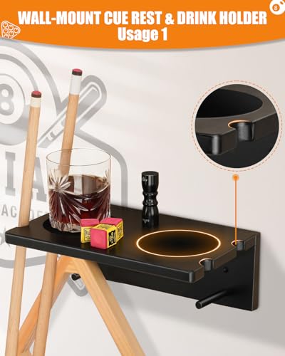 EXTCCT Wall Mounted Cue Holder - Hardwood Billiard Cue Rest and Drink Holder with Chalk Holder 11 x 6.3 x 4.1 Inches (Black) - color: Black