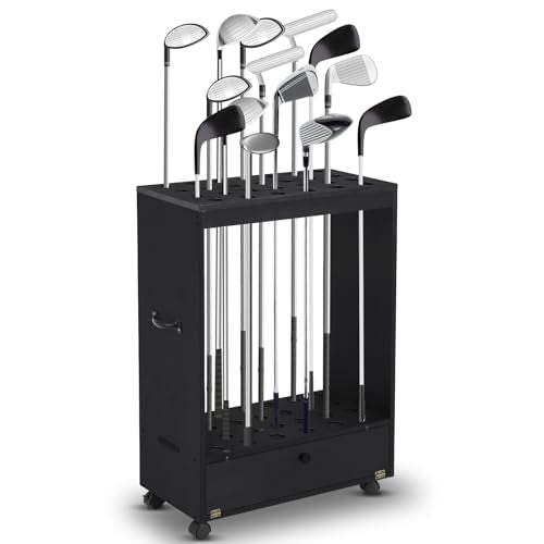 Silipull Golf Club Stand Holder Wooden Golf Club Organizer Putter Display Rack with Storage Drawer and Wheel for Indoor Home Office Simulator Garage - color: Black
