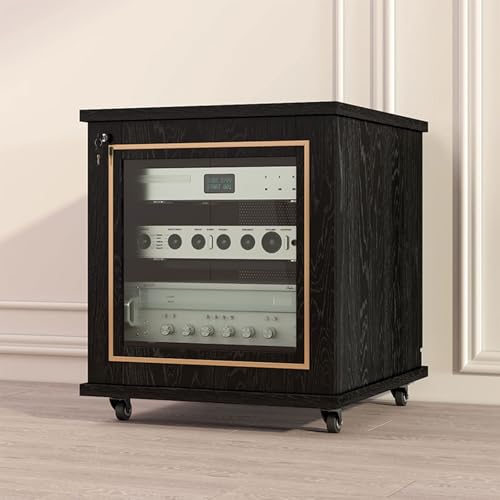 Wooden Corner Shelf Cabinet for Media Storage, Adjustable Audio Rack with Doors, Ideal for Living Room, Gaming, and Recording Room Organization - color: Black