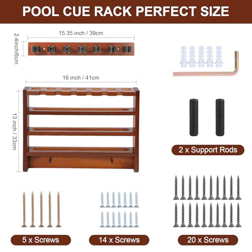 Pool Stick Holder - 7 Pool Cue Rack Wall Mount With Cue Rest and Ball holder, Wooden Pool Table Accessories Equipment Organizer, Billiard Cue Racks for Game Room Men Cave- Brown - color: Brown