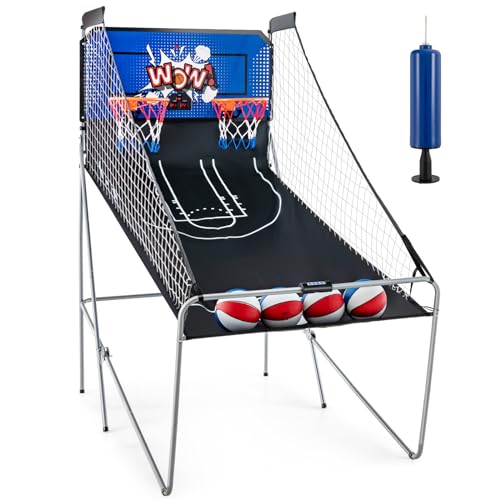 Giantex Dual Shot Electronic Basketball Arcade Game with 8 Game Modes, 2 Hoops, 4 Balls, Air Pump, LCD Scoreboard for Adults and Kids - color: Dark Blue