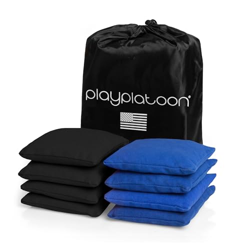 Play Platoon Cornhole Bags Weather Resistant- Set of 8 Regulation Bean Bags for Tossing- Official Professional Size & Weight Corn Hole Bags Two Color All Weather Cornhole Beans Bag Set with Tote Bag - color: Black & Blue